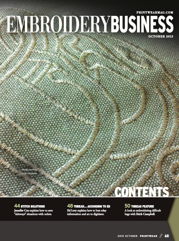 Embroidery Business cover from October's Printwear Magazine featuring work by Erich Campbell - A n embroidered canvas tote bag.
