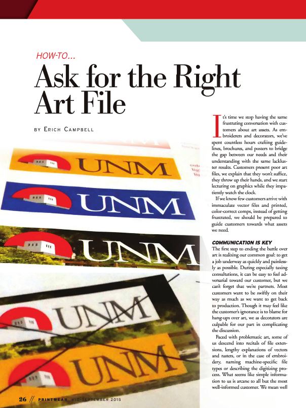 Ask for the Right Art File by Erich Campbell in Printwear Magazine