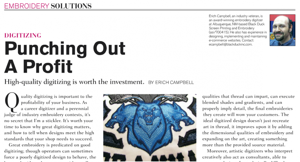 Punching out a Profit - Erich Campbell's Article on High-Quality Machine Embroidery Digitizing in January's Wearables Magazine