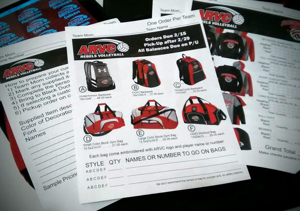 Order forms for bags and apparel
