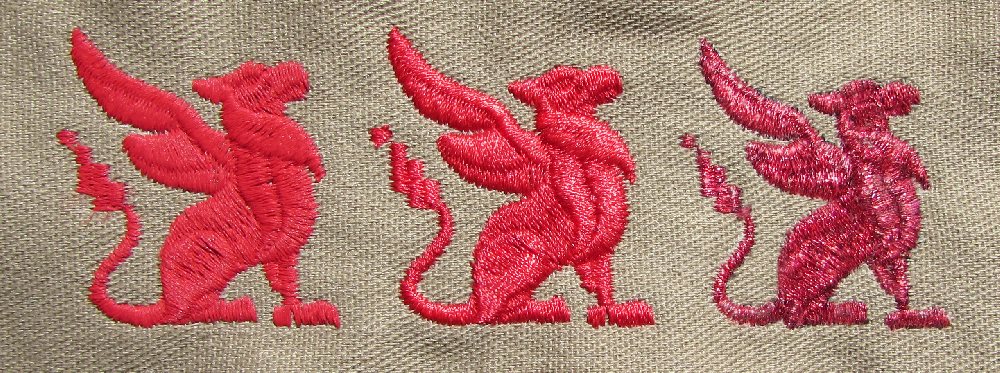 Griffon Icon Embroidery in matte thread, polyester thread, and metallic thread to show the effects of specialty threads.