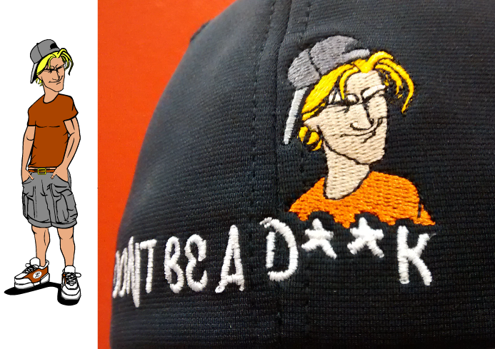 The design at left is what was originally meant for this cap back, but the facial expression would have been minuscule- the customer elected to let us re-design for more impact.
