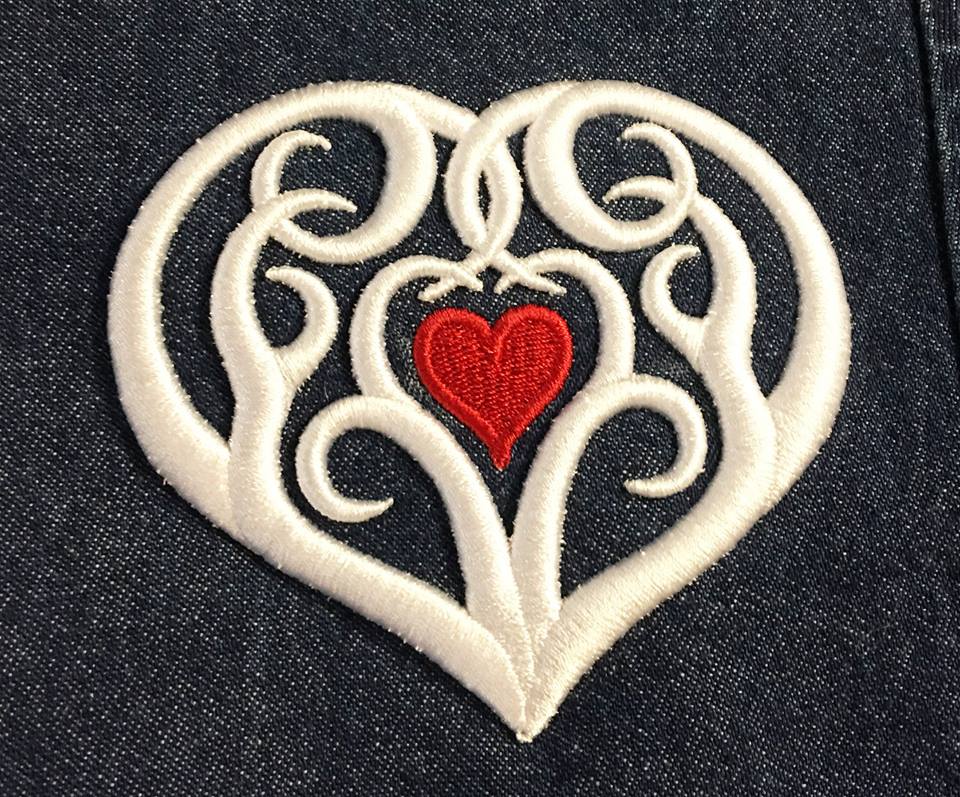 Tribal Heart 3D Foam design in white and red as stitched by Jane Swanzy