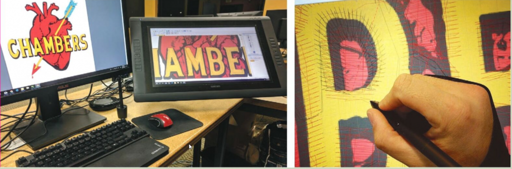 Desktop Monitor and Tablet setup for Embroidery Digitizing showing a standard monitor and pen tablet setup in use